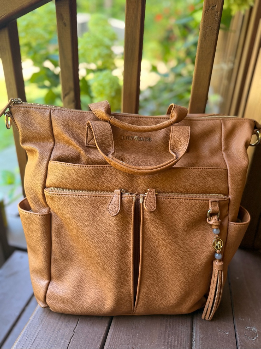 Lily & Jade Tan Pebbled Leather Tote with Front Pockets